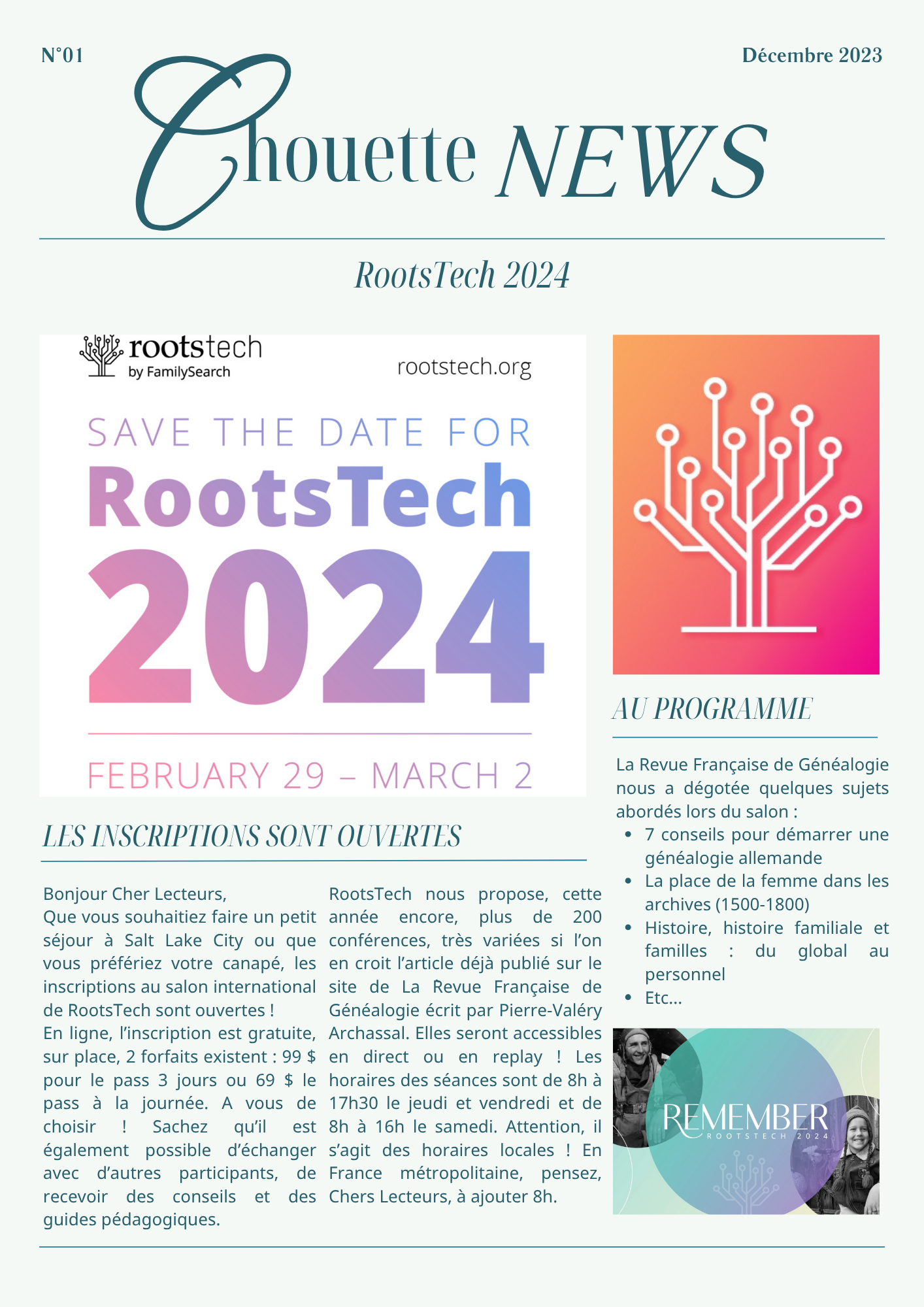 Newsletter Chouette News du Vieux Hibou, décembre 2023, présentant l’événement RootsTech 2024 et les inscriptions ouvertes pour le grand salon de la généalogie