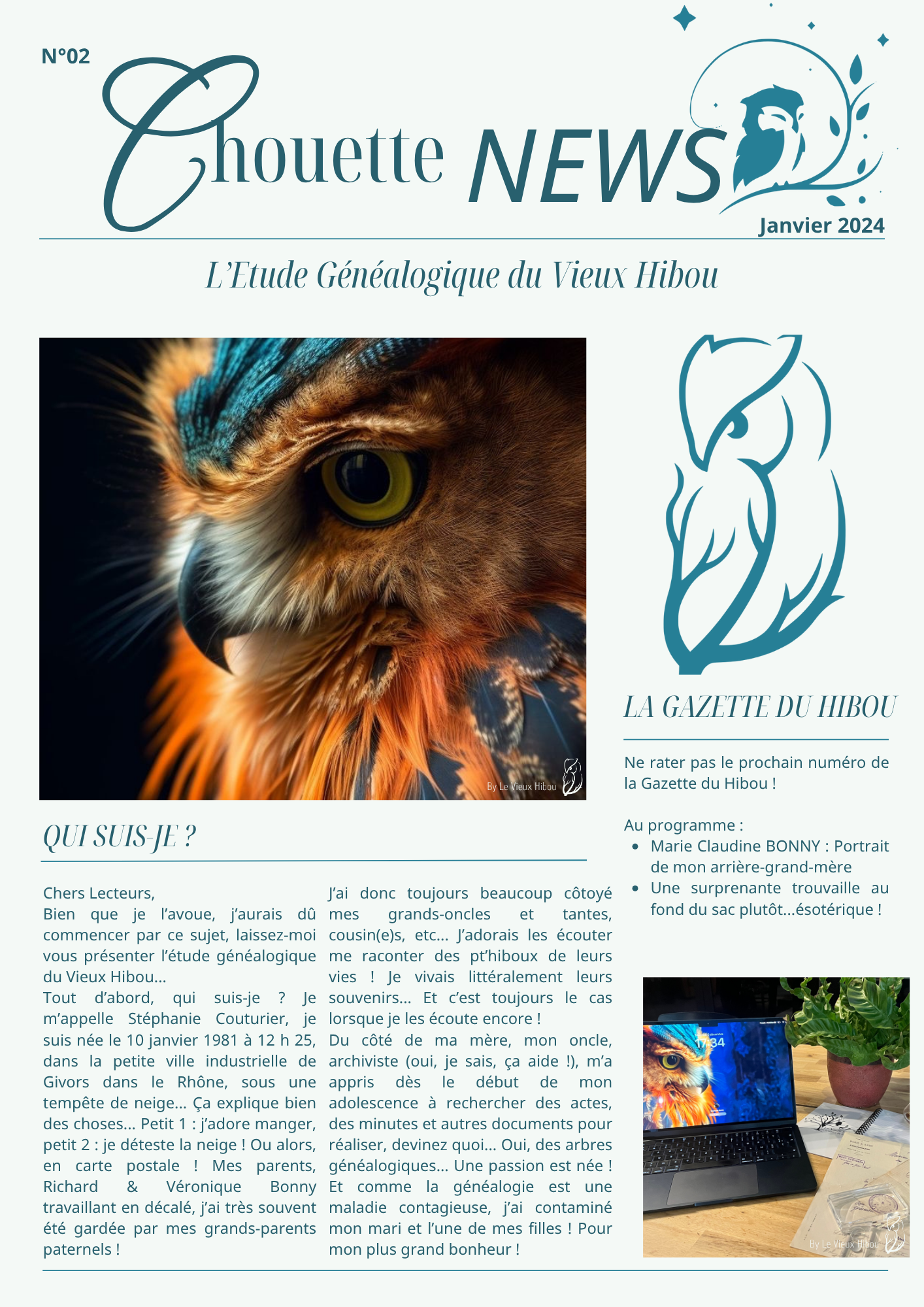 Newsletter Chouette News du Vieux Hibou, janvier 2024, présentant l’étude généalogique fondée par Stéphanie Couturier et son parcours passionné dans la recherche d’ancêtres.