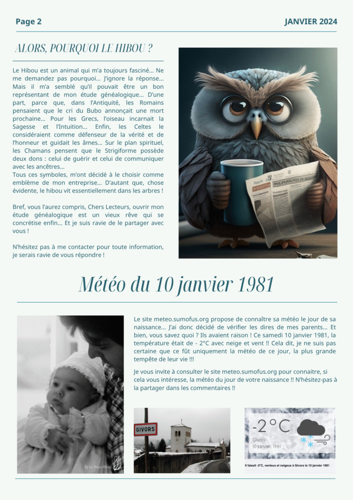 Newsletter Chouette News du Vieux Hibou, janvier 2024, présentant l’étude généalogique fondée par Stéphanie Couturier et son parcours passionné dans la recherche d’ancêtres.