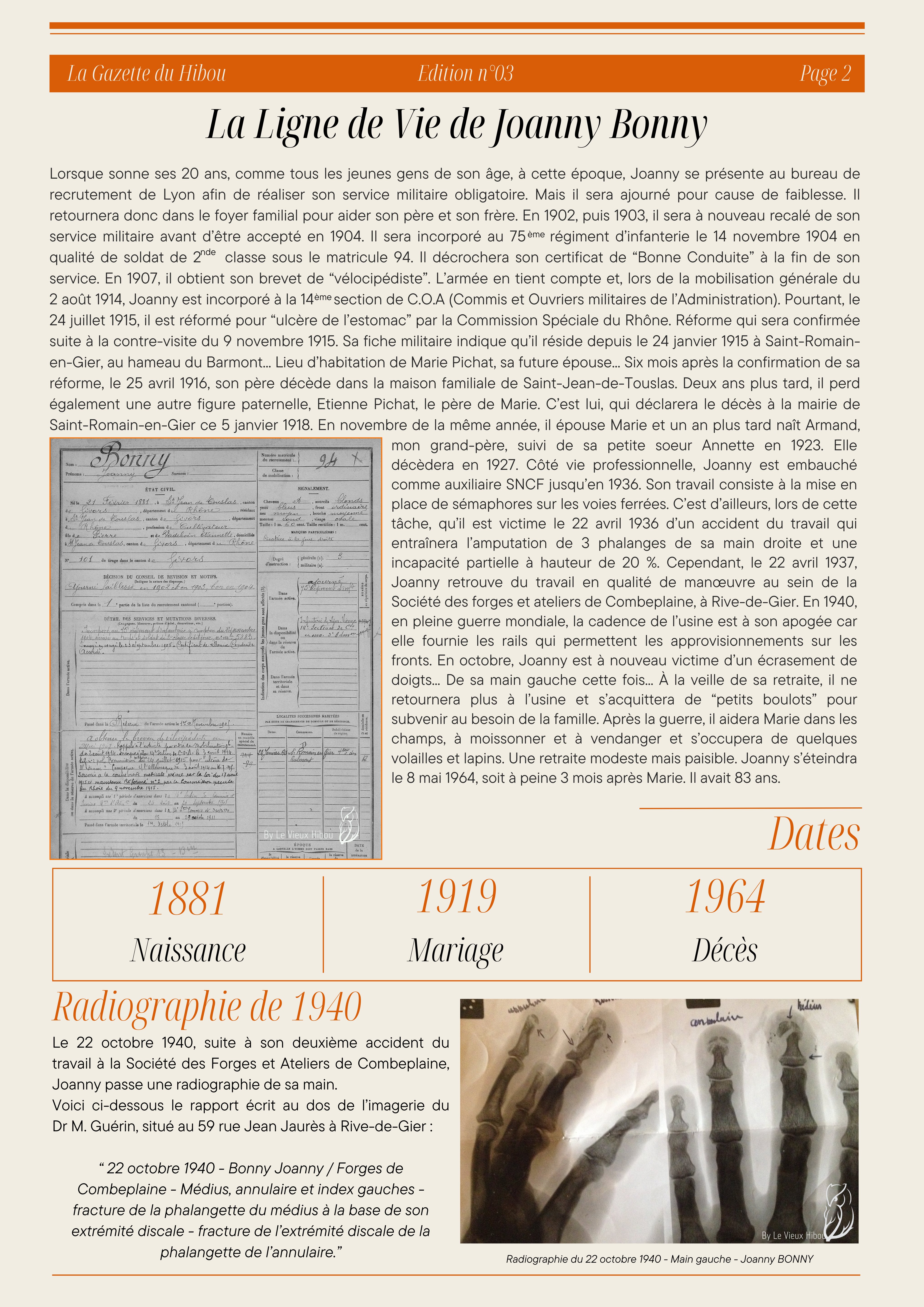 P2 de la Gazette du Hibou 3ème édition racontant la vie de Joanny Bonny