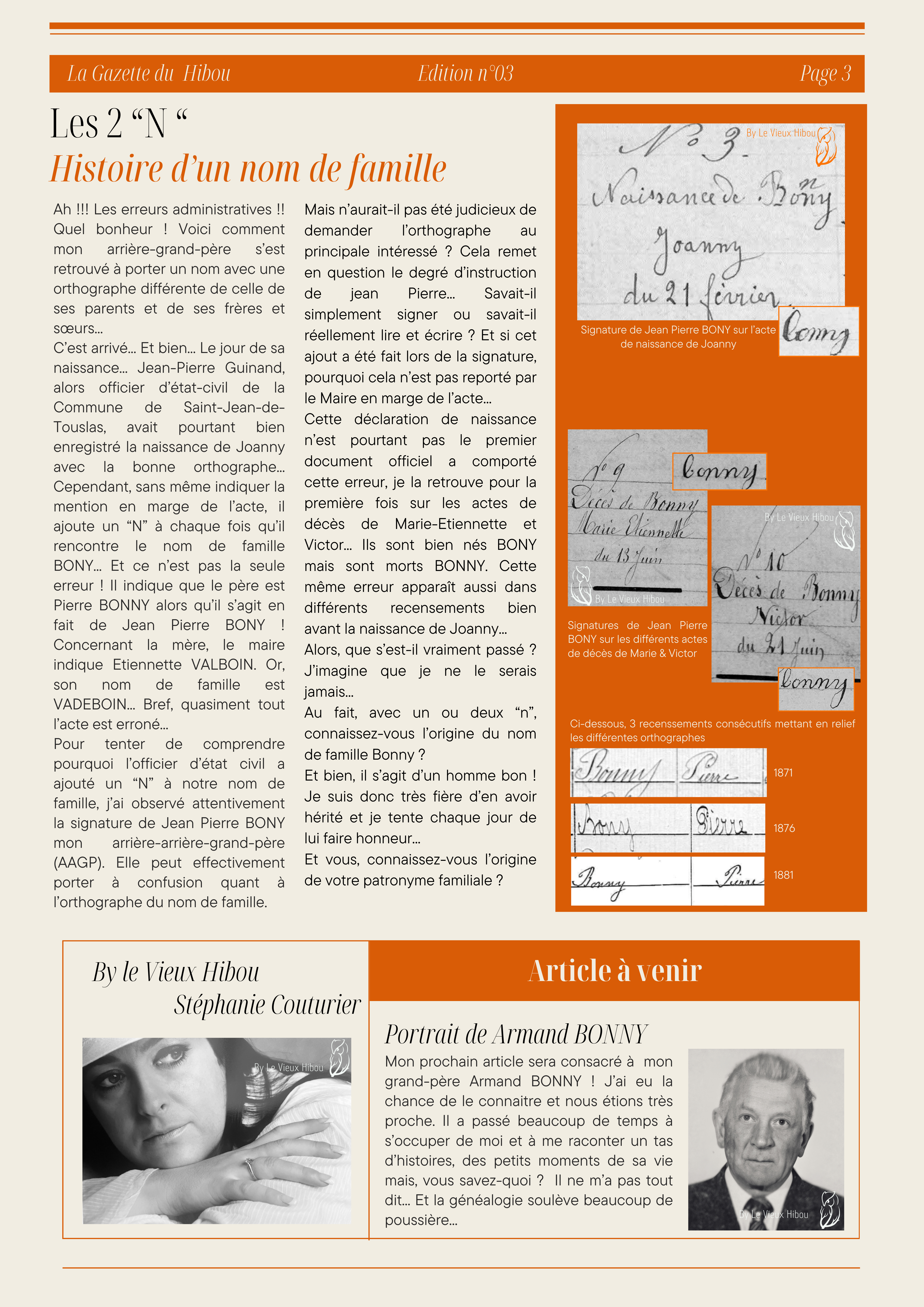 P3 de la Gazette du Hibou 3ème édition racontant la vie de Joanny Bonny