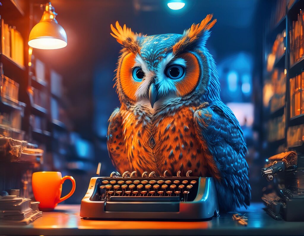 Firefly hibou orange et bleu metallise tres doux qui tape a la machine a ecrire dans une salle de