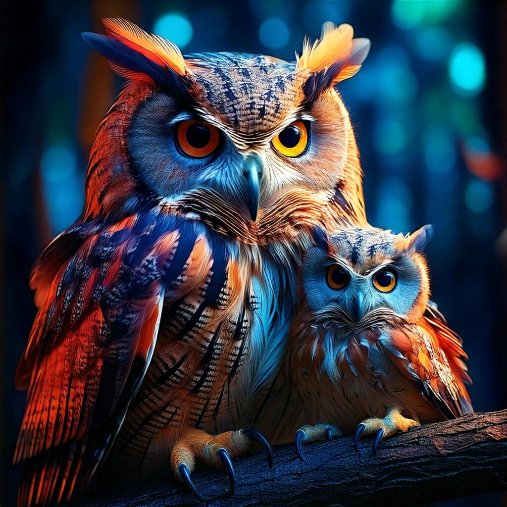 Firefly Un noble detective hibou dont les plumes oranges et bleues sont tres tres detaillees. Il est 1
