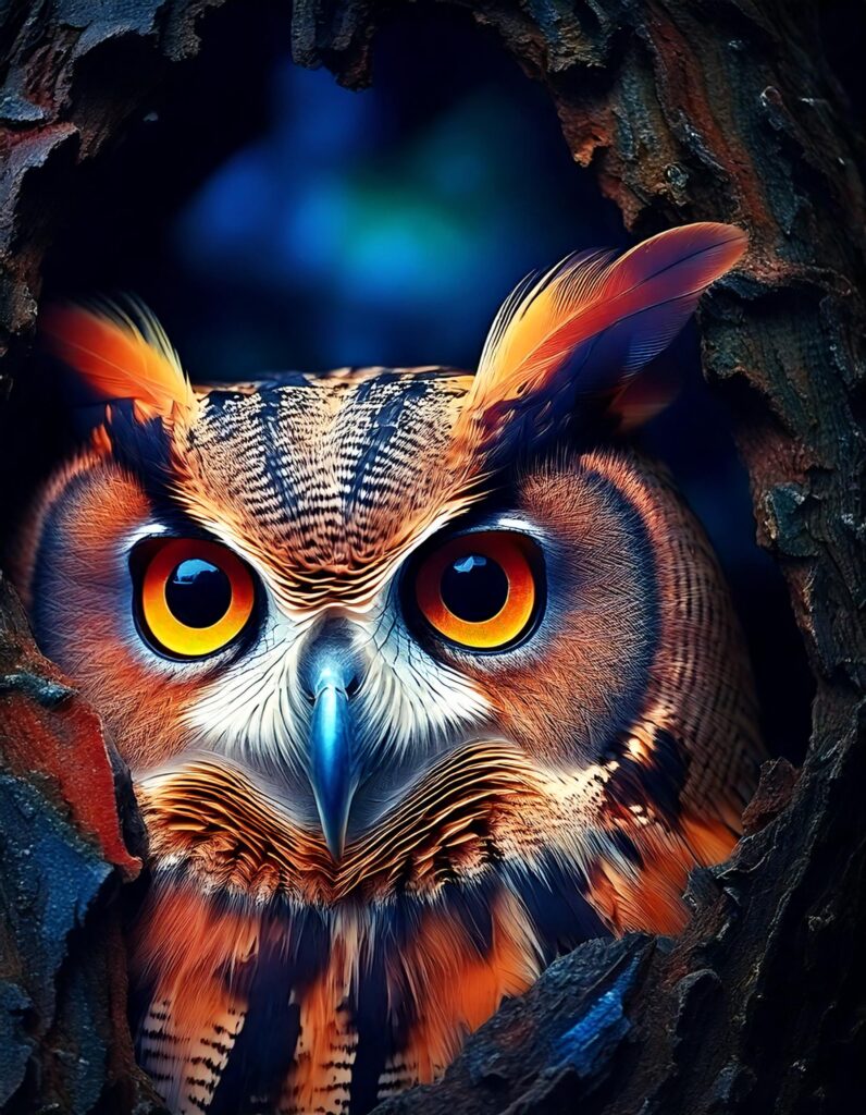 Firefly portrait dun hibou grand duc aux couleurs orange et bleu tres detaille installe dans le tr 1