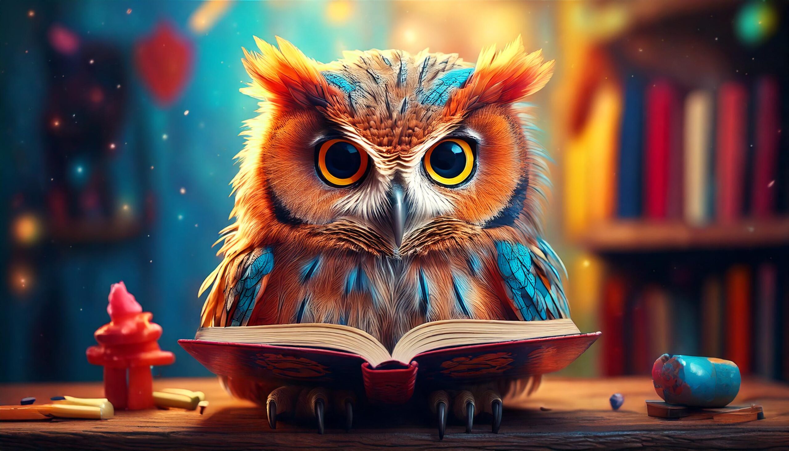 Firefly un petit bebe hibou grand duc au plumage orange et bleu tout mignon samuse dans une salle d scaled