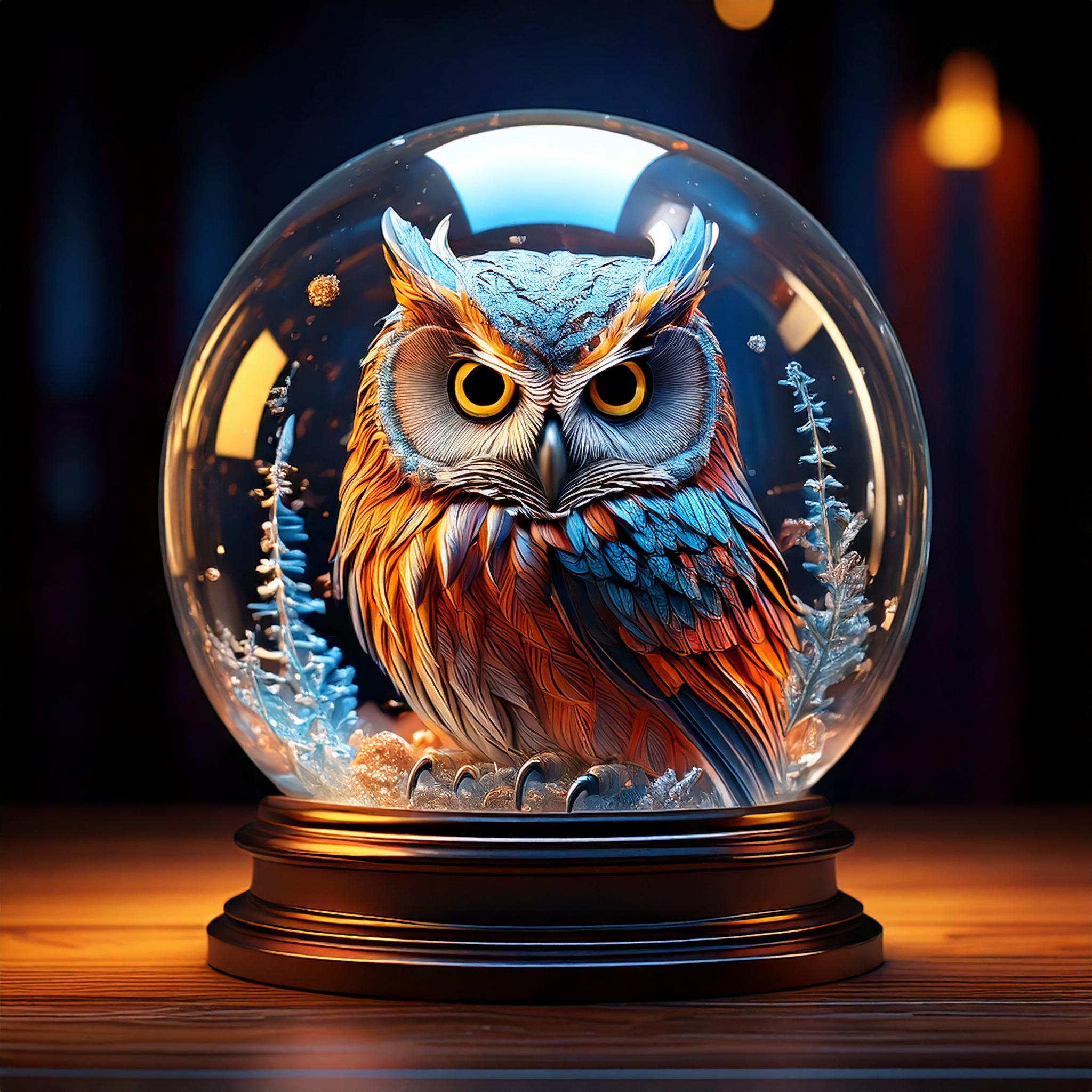 Firefly Au milieu de la table dune piece sombre se trouve une boule a neige avec un hibou au plumag 2