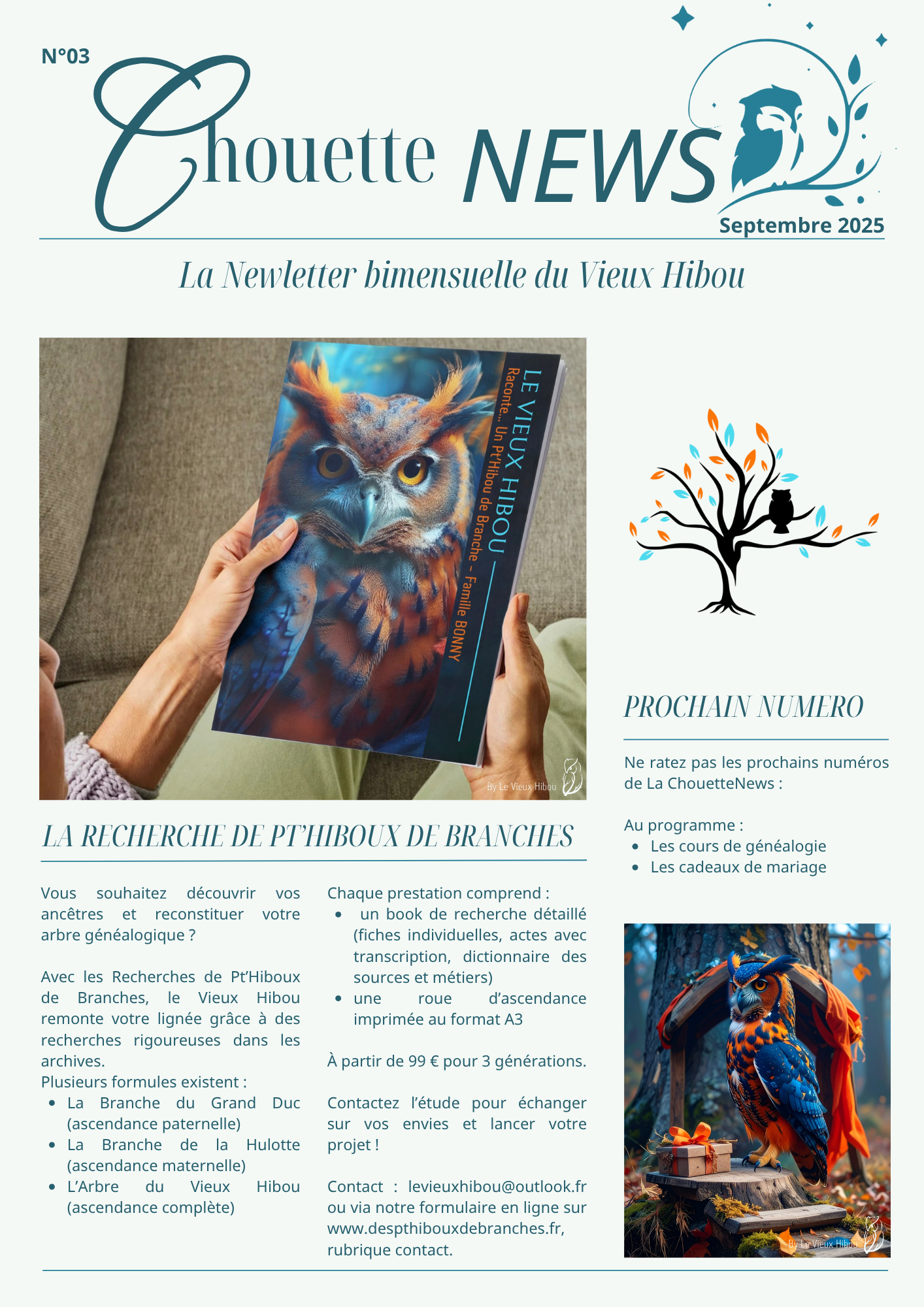 Newsletter Chouette News numéro 03 de septembre 2025, présentant des services de recherche généalogique, une main tenant un livre illustré d’un hibou et des visuels d’arbres généalogiques stylisés.