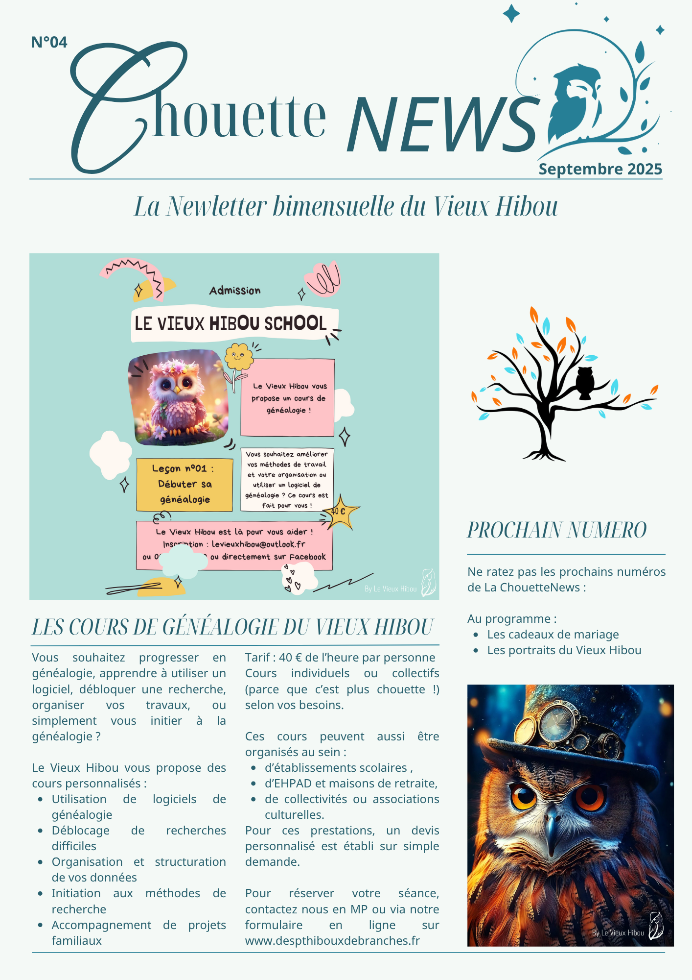 Newsletter Chouette News du Vieux Hibou, septembre 2025, présentant les cours donnés par l’étude généalogique fondée par Stéphanie Couturier .