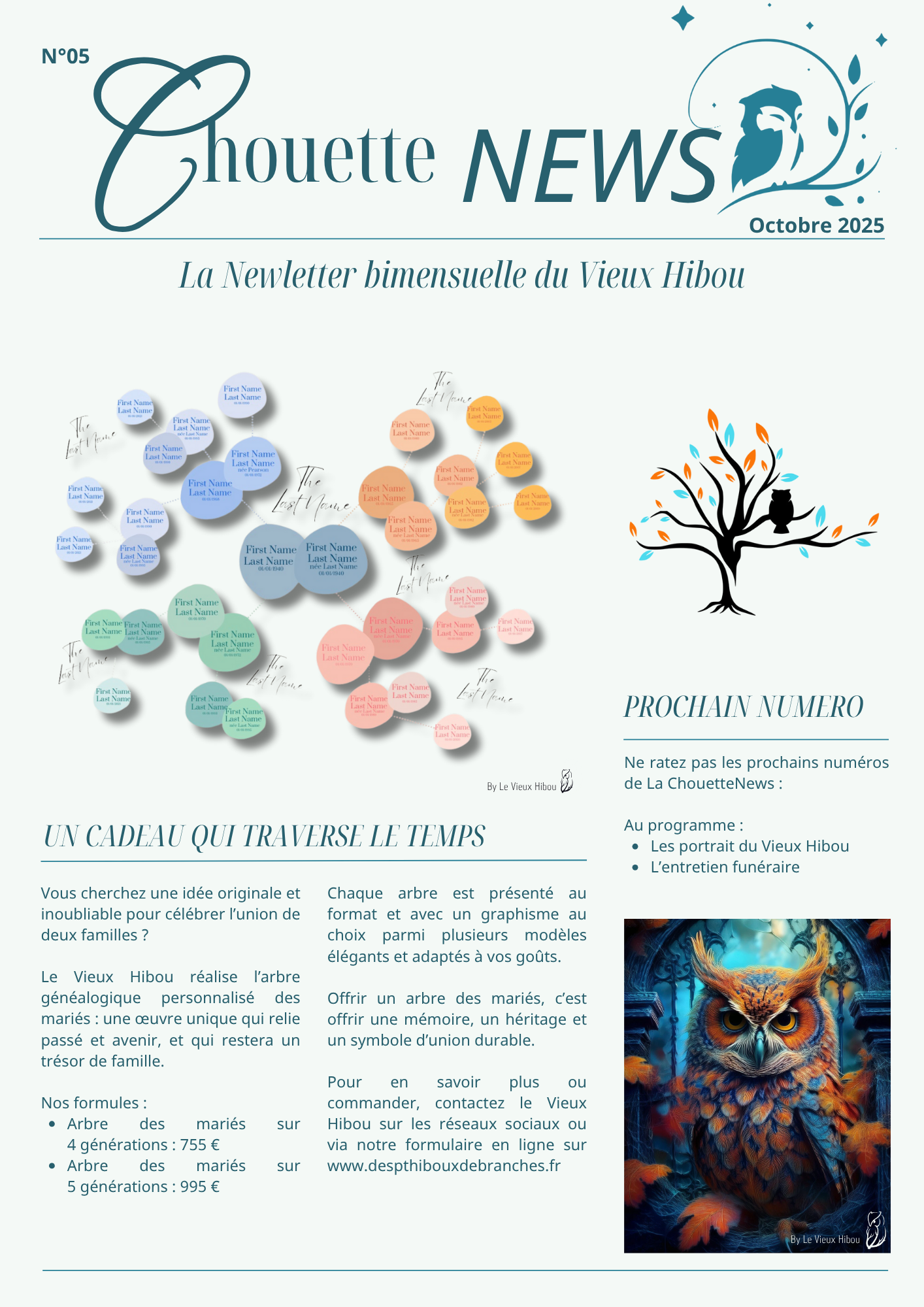 Newsletter Chouette NEWS n°5 – Octobre 2025 présentant les arbres généalogiques de mariage personnalisés du Vieux Hibou, avec visuels et sommaire.