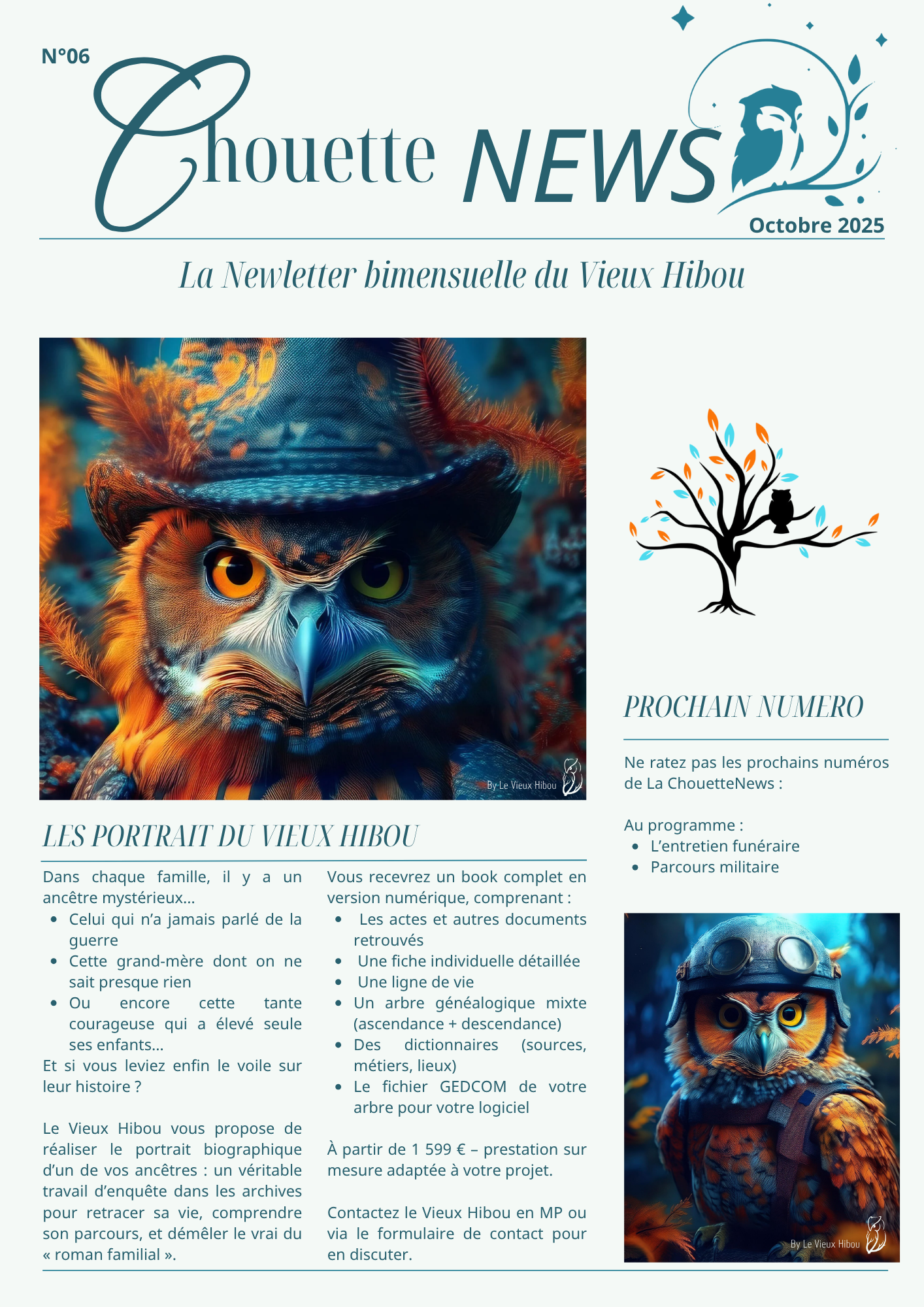 Page de la newsletter « Chouette News » d’octobre 2025, présentant Le Vieux Hibou, ses offres de portraits biographiques d’ancêtres et les thèmes du prochain numéro.